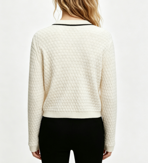 Custom Women's Merino Wool Jacquard Cropped V Neck Sweater Cream - view 2 Custom Women's Merino Wool Jacquard Cropped V Neck Sweater Cream - view 2