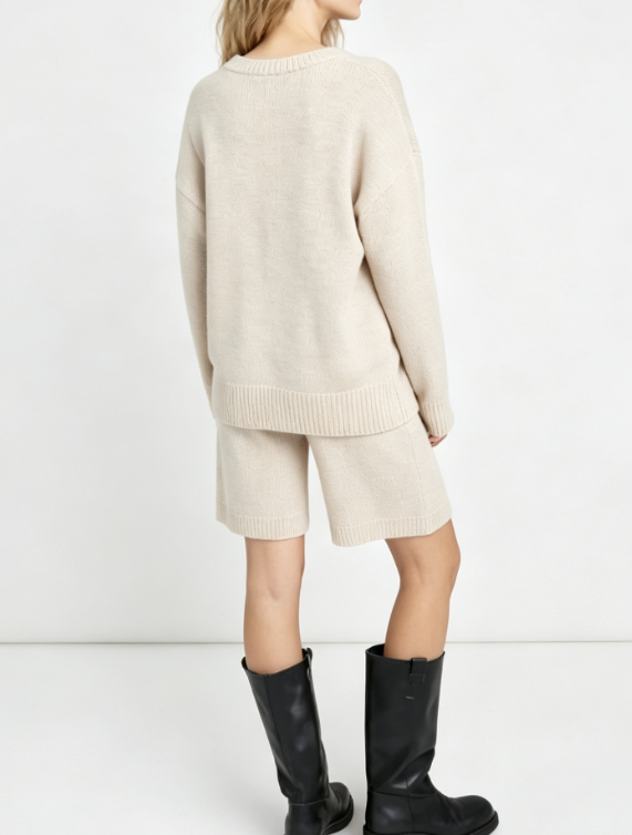 Custom Women's Merino Wool Jacquard Oversized V Neck Sweater Bone - view 2 Custom Women's Merino Wool Jacquard Oversized V Neck Sweater Bone - view 2