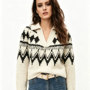 Custom Women's Merino Wool Jacquard Cropped Cream Sweater - Style 8F5D82
