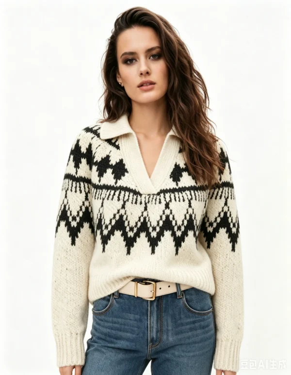 Custom Women's Merino Wool Jacquard Cropped Cream Sweater - Style 8F5D82