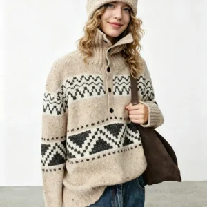 Custom Women's Merino Wool Jacquard Cropped Sand Sweater