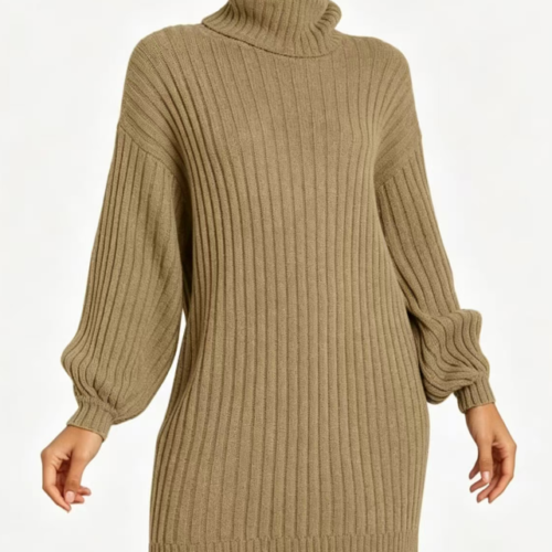 Custom Women's Merino Wool Ribbed Oversized Turtleneck Sweater Dress Khaki