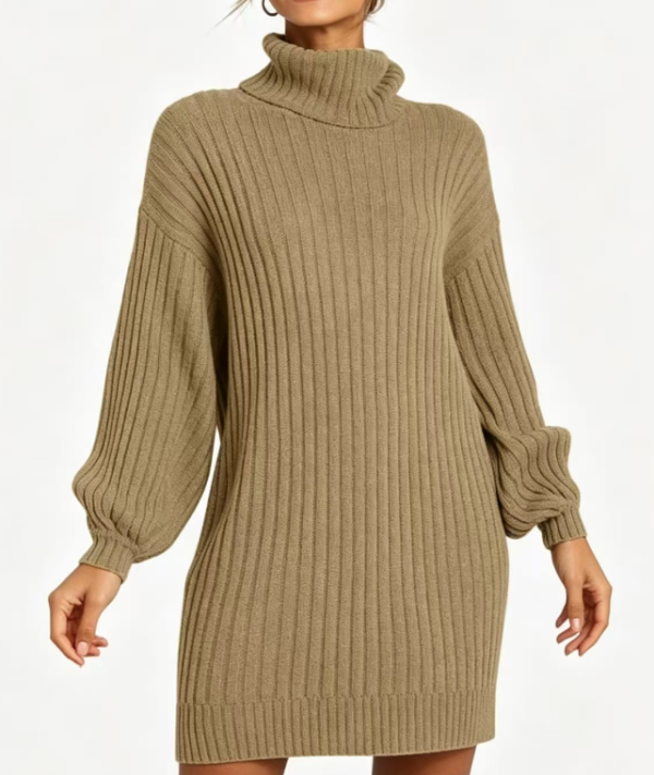 Custom Women's Merino Wool Ribbed Oversized Turtleneck Sweater Dress Khaki Custom Women's Merino Wool Ribbed Oversized Turtleneck Sweater Dress Khaki