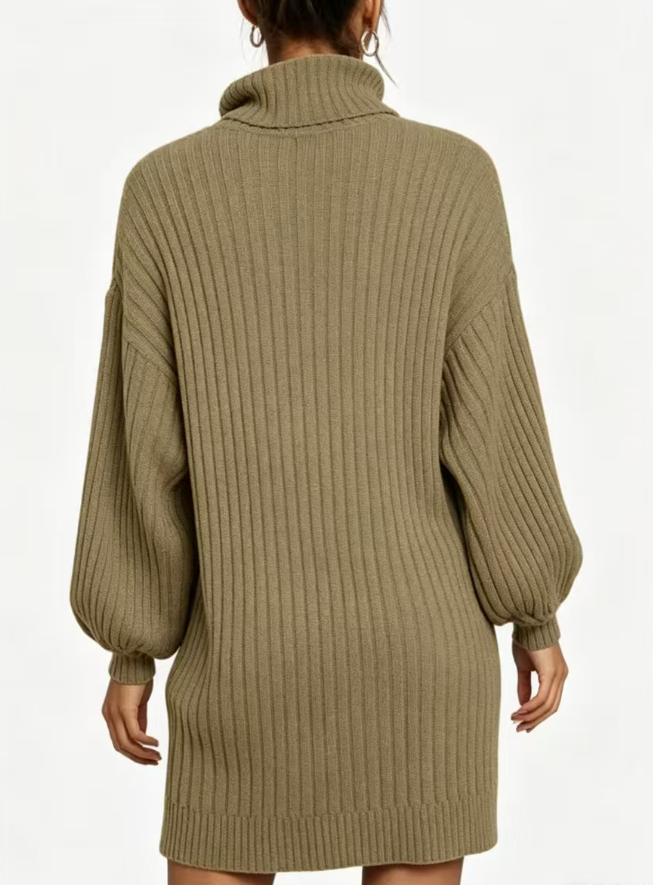 Custom Women's Merino Wool Ribbed Oversized Turtleneck Sweater Dress Khaki - view 2