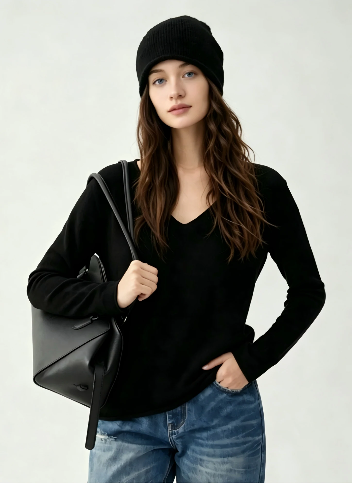 Custom Women's Merino Wool Ribbed Cropped Black Sweater
