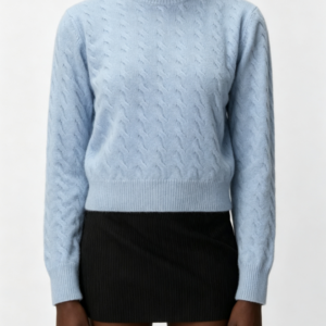 Custom Women's Mohair Blend Cable-Knit Cropped Crew Neck Sweater Washed Blue