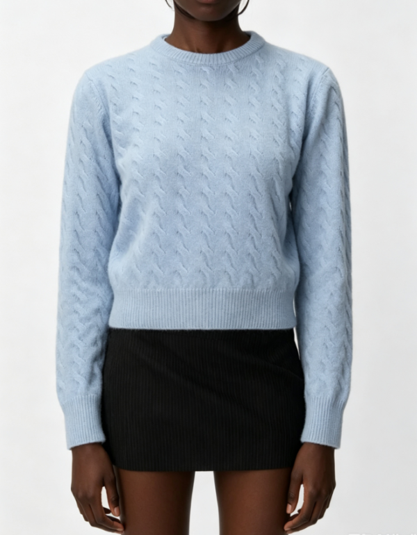 Custom Women's Mohair Blend Cable-Knit Cropped Crew Neck Sweater Washed Blue