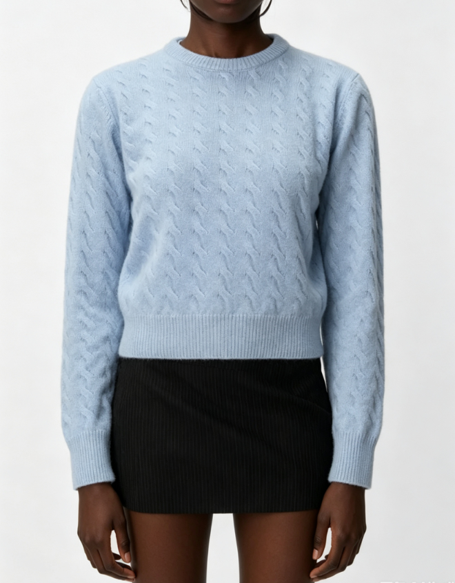 Custom Women's Mohair Blend Cable-Knit Cropped Crew Neck Sweater Washed Blue