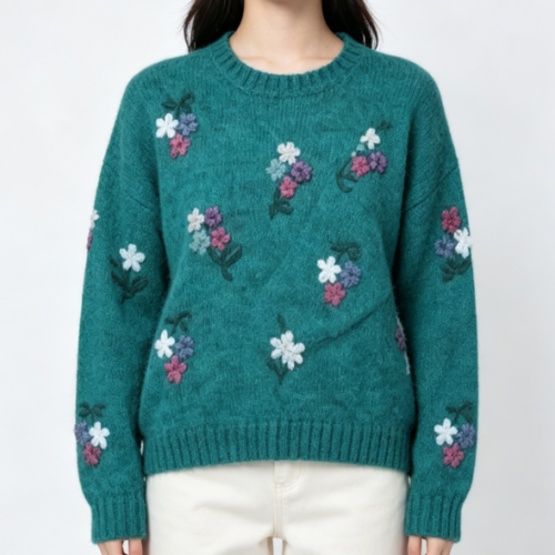 Custom Women's Mohair Blend Jacquard Cropped Crew Neck Sweater Forest Green Custom Women's Mohair Blend Jacquard Cropped Crew Neck Sweater Forest Green