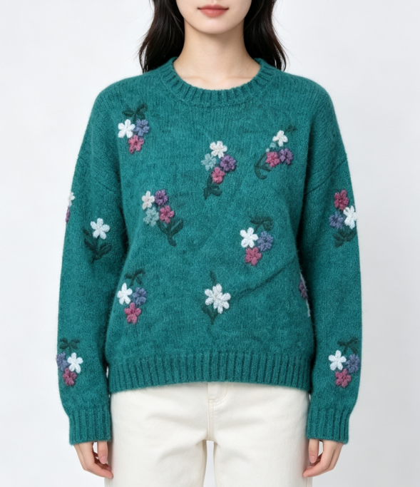 Custom Women's Mohair Blend Jacquard Cropped Crew Neck Sweater Forest Green