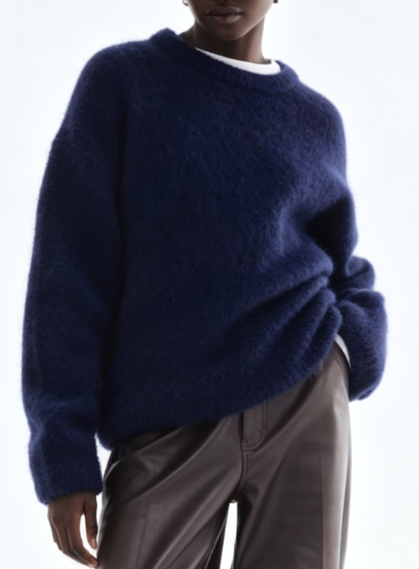 Custom Women's Mohair Blend Ribbed Oversized Crew Neck Sweater Navy
