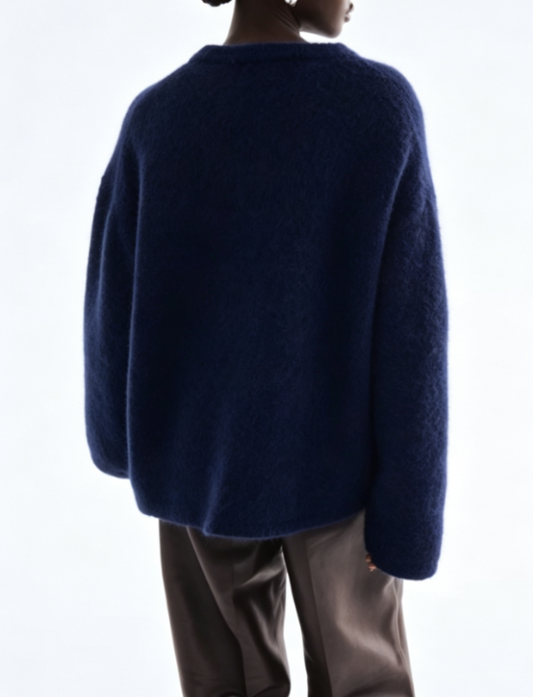 Custom Women's Mohair Blend Ribbed Oversized Crew Neck Sweater Navy - view 2