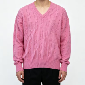 Custom Men's Organic Cotton Cable-Knit Cropped V Neck Sweater Dusty Pink