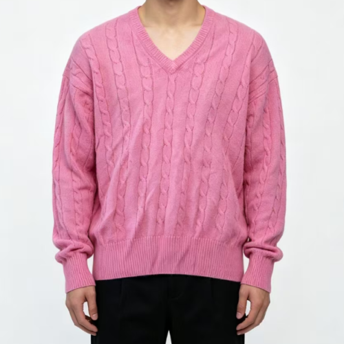 Custom Men's Organic Cotton Cable-Knit Cropped V Neck Sweater Dusty Pink