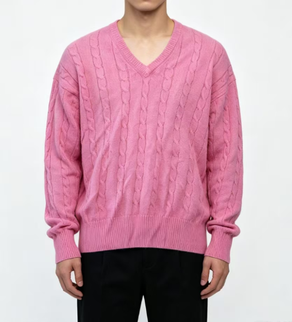Custom Men's Organic Cotton Cable-Knit Cropped V Neck Sweater Dusty Pink