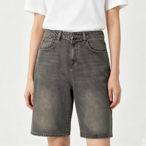 Custom Women's Organic Cotton Denim Distressed Baggy Denim Shorts Slate Grey Custom Women's Organic Cotton Denim Distressed Baggy Denim Shorts Slate Grey