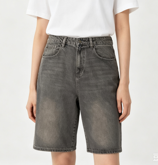 Custom Women's Organic Cotton Denim Distressed Baggy Denim Shorts Slate Grey Custom Women's Organic Cotton Denim Distressed Baggy Denim Shorts Slate Grey