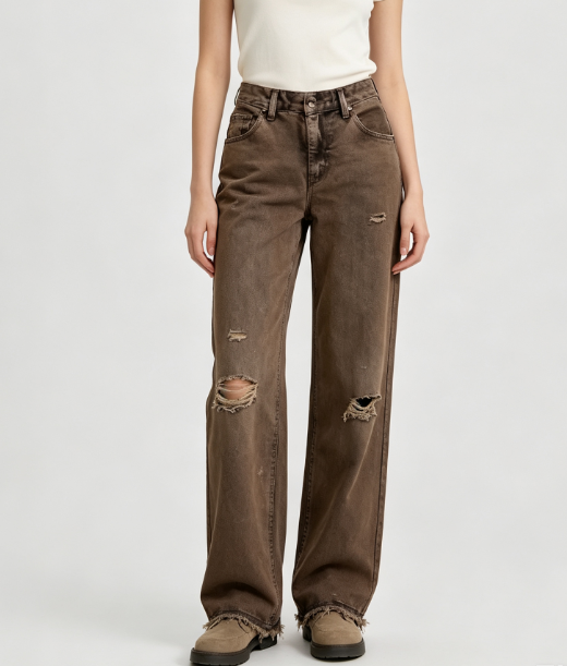 Custom Women's Organic Cotton Denim Distressed Straight Jeans Chocolate Brown Custom Women's Organic Cotton Denim Distressed Straight Jeans Chocolate Brown