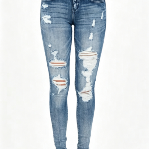 Custom Women's Organic Cotton Denim Distressed Skinny Jeans Washed Blue
