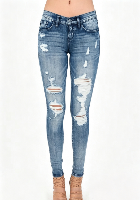 Custom Women's Organic Cotton Denim Distressed Skinny Jeans Washed Blue Custom Women's Organic Cotton Denim Distressed Skinny Jeans Washed Blue