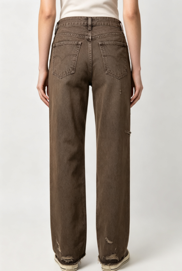 Custom Women's Organic Cotton Denim Distressed Straight Jeans Chocolate Brown - view 2 Custom Women's Organic Cotton Denim Distressed Straight Jeans Chocolate Brown - view 2