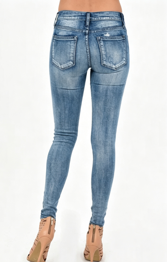 Custom Women's Organic Cotton Denim Distressed Skinny Jeans Washed Blue - view 2 Custom Women's Organic Cotton Denim Distressed Skinny Jeans Washed Blue - view 2