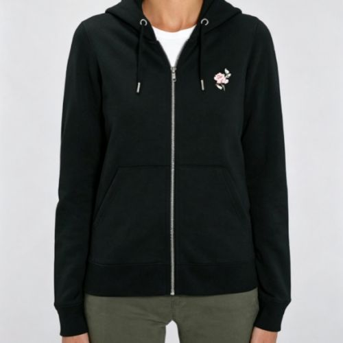 Custom Women's Organic Cotton Embroidered Longline Zip-Up Hoodie Black Custom Women's Organic Cotton Embroidered Longline Zip-Up Hoodie Black