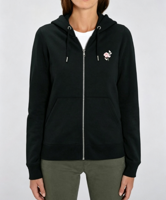 Custom Women's Organic Cotton Embroidered Longline Zip-Up Hoodie Black
