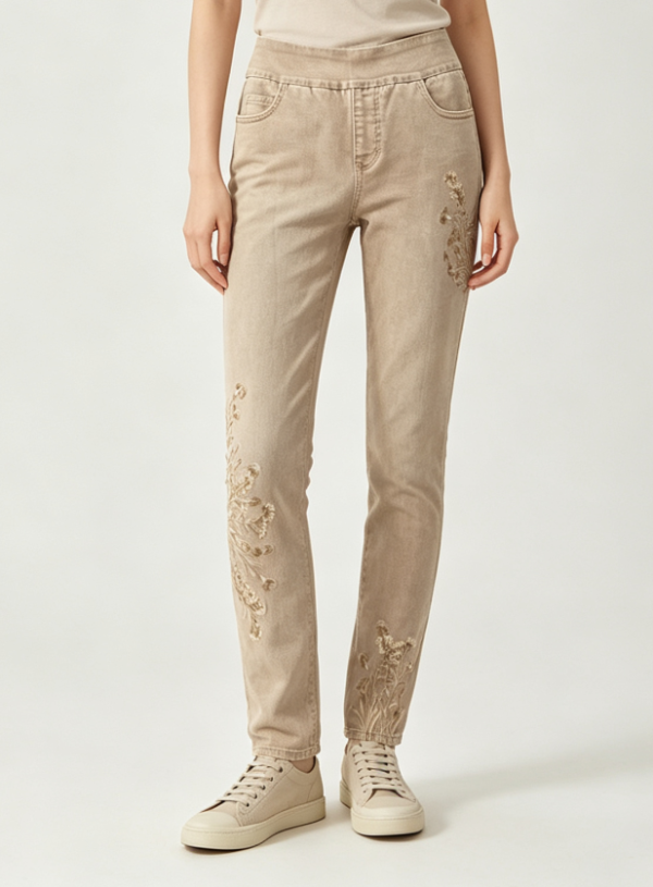 Custom Women's Organic Cotton Denim Embroidered Slim Jeans Sand Custom Women's Organic Cotton Denim Embroidered Slim Jeans Sand