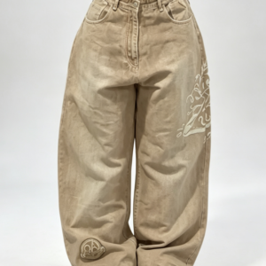 Custom Women's Organic Cotton Denim Embroidered Baggy Jeans Khaki