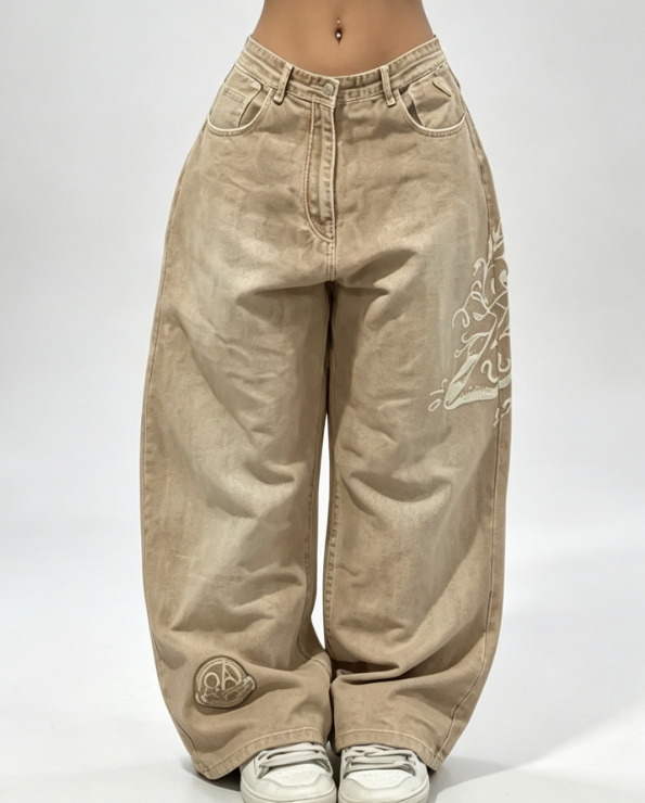 Custom Women's Organic Cotton Denim Embroidered Baggy Jeans Khaki Custom Women's Organic Cotton Denim Embroidered Baggy Jeans Khaki