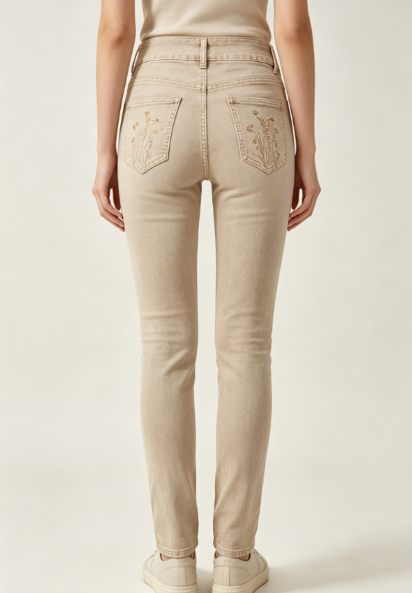 Custom Women's Organic Cotton Denim Embroidered Slim Jeans Sand - view 2 Custom Women's Organic Cotton Denim Embroidered Slim Jeans Sand - view 2