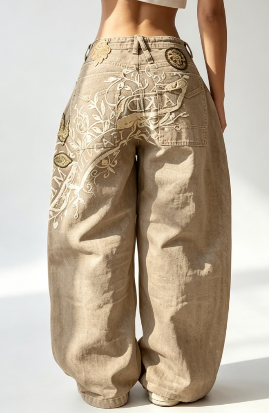 Custom Women's Organic Cotton Denim Embroidered Baggy Jeans Khaki - view 2 Custom Women's Organic Cotton Denim Embroidered Baggy Jeans Khaki - view 2