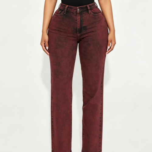 Custom Women's Organic Cotton Denim Stone Washed Straight Jeans Burgundy Custom Women's Organic Cotton Denim Stone Washed Straight Jeans Burgundy