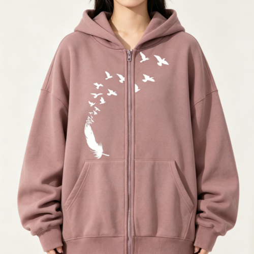 Custom Women's Organic Cotton Sublimated Oversized Zip-Up Hoodie Dusty Pink