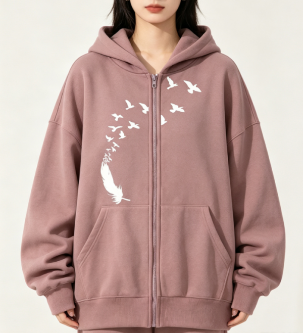 Custom Women's Organic Cotton Sublimated Oversized Zip-Up Hoodie Dusty Pink