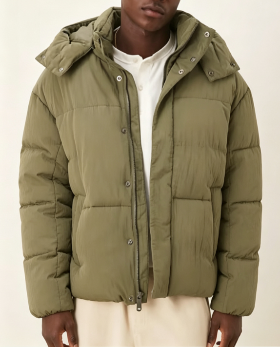 Custom Men's Recycled Nylon Quilted Cropped Puffer Puffer Jacket Olive Custom Men's Recycled Nylon Quilted Cropped Puffer Puffer Jacket Olive