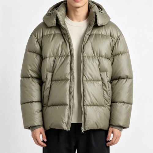 Custom Men's Recycled Nylon Quilted Oversized Puffer Puffer Jacket Khaki Custom Men's Recycled Nylon Quilted Oversized Puffer Puffer Jacket Khaki