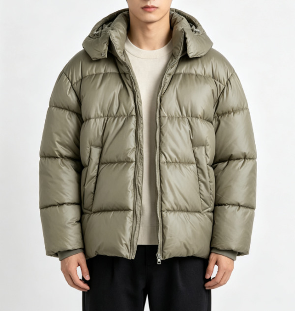Custom Men's Recycled Nylon Quilted Oversized Puffer Puffer Jacket Khaki Custom Men's Recycled Nylon Quilted Oversized Puffer Puffer Jacket Khaki