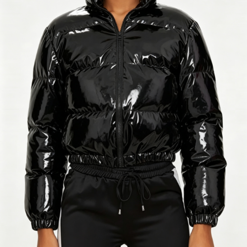 Custom Women's Primaloft Glossy Cropped Puffer Puffer Jacket Shinny Black Custom Women's Primaloft Glossy Cropped Puffer Puffer Jacket Shinny Black