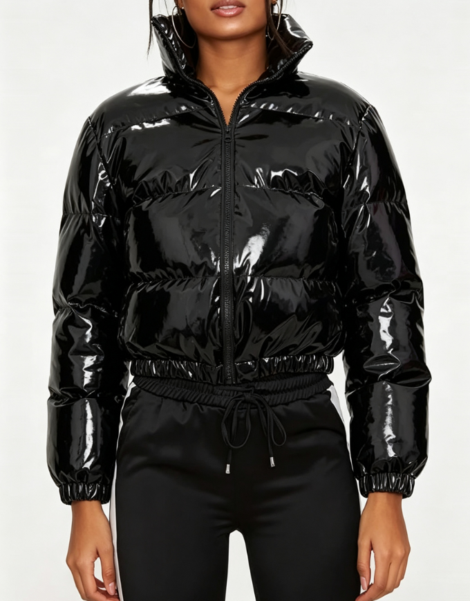 Custom Women's Primaloft Glossy Cropped Puffer Puffer Jacket Shinny Black