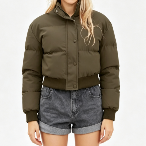Custom Women's Recycled Nylon Matte Cropped Puffer Puffer Jacket Olive Custom Women's Recycled Nylon Matte Cropped Puffer Puffer Jacket Olive