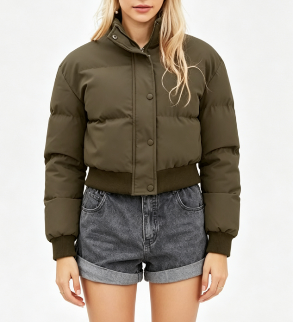 Custom Women's Recycled Nylon Matte Cropped Puffer Puffer Jacket Olive Custom Women's Recycled Nylon Matte Cropped Puffer Puffer Jacket Olive