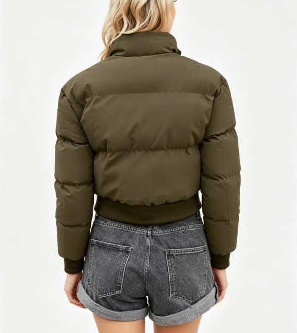 Custom Women's Recycled Nylon Matte Cropped Puffer Puffer Jacket Olive - view 2 Custom Women's Recycled Nylon Matte Cropped Puffer Puffer Jacket Olive - view 2