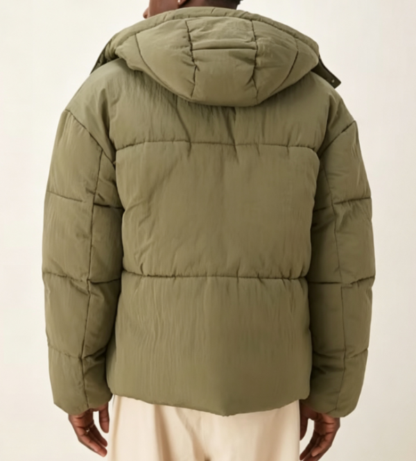 Custom Men's Recycled Nylon Quilted Cropped Puffer Puffer Jacket Olive - view 2 Custom Men's Recycled Nylon Quilted Cropped Puffer Puffer Jacket Olive - view 2