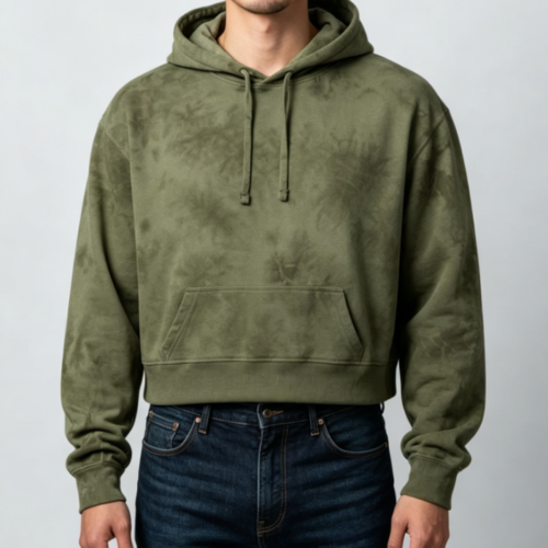 Custom Men's Performance Poly Tie-Dye Cropped Pullover Hoodie Army Green