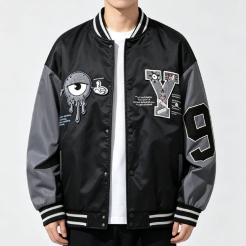 Custom Men's Nylon Oversized Varsity Jacket Washed Black Custom Men's Nylon Oversized Varsity Jacket Washed Black