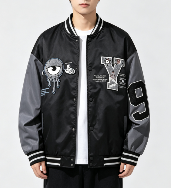 Custom Men's Nylon Oversized Varsity Jacket Washed Black Custom Men's Nylon Oversized Varsity Jacket Washed Black