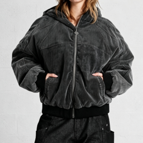 Custom Women's Corduroy Washed Cropped Bomber Jacket Washed Black