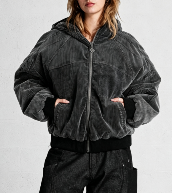Custom Women's Corduroy Washed Cropped Bomber Jacket Washed Black Custom Women's Corduroy Washed Cropped Bomber Jacket Washed Black